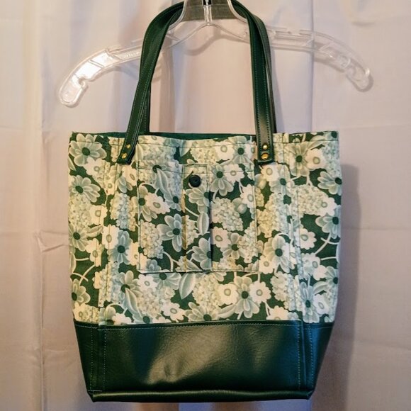 New Fall Floral Tote Shopper shoulder Bag Green White Double handle Carryall - Picture 2 of 12